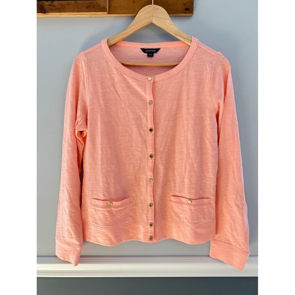 Lands’ End Pink Cardigan Size Large 10-12 Lightweight Button Front Coastal